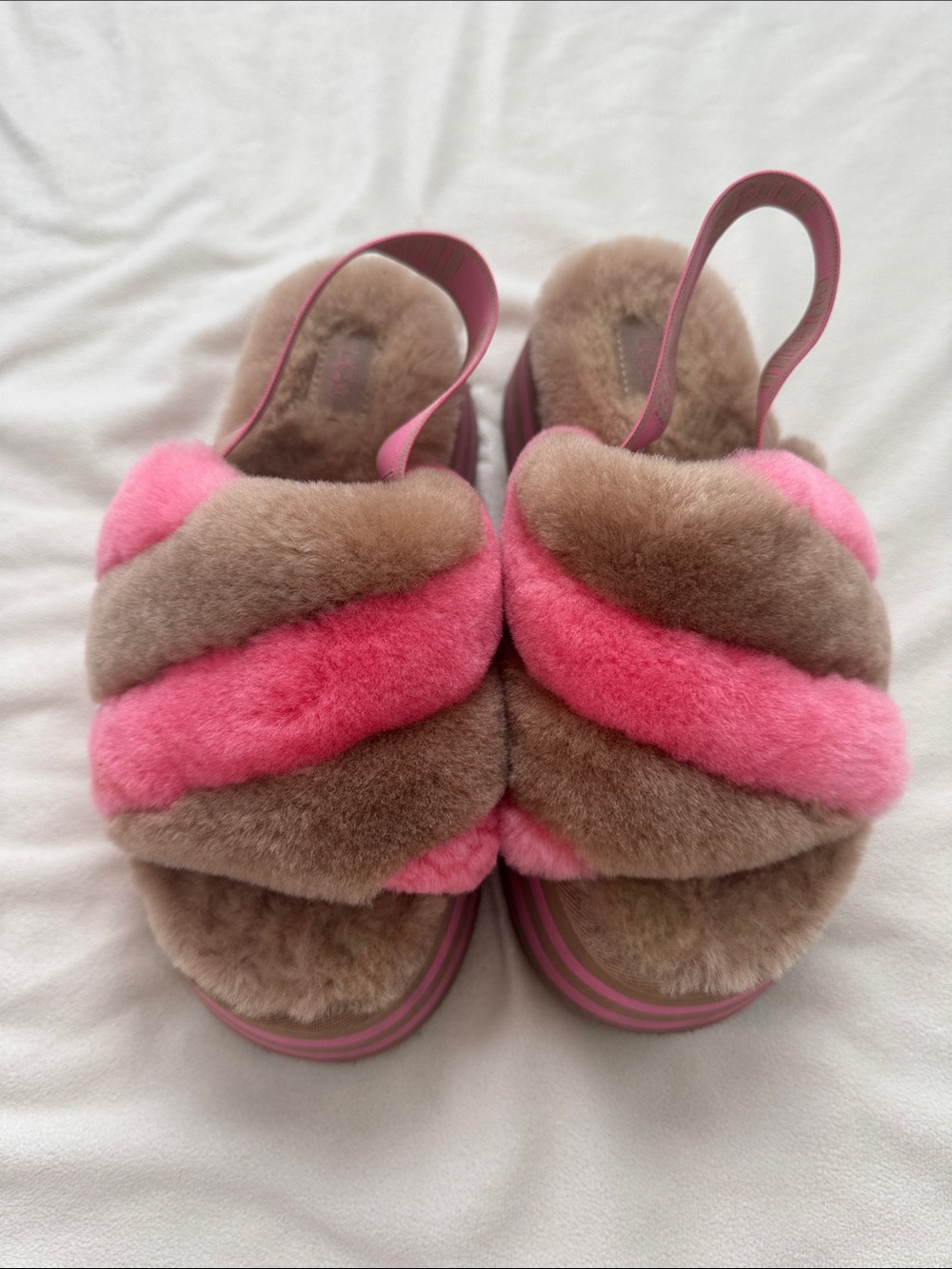 UGG Women's Pink and Brown Fur Slide Sandals